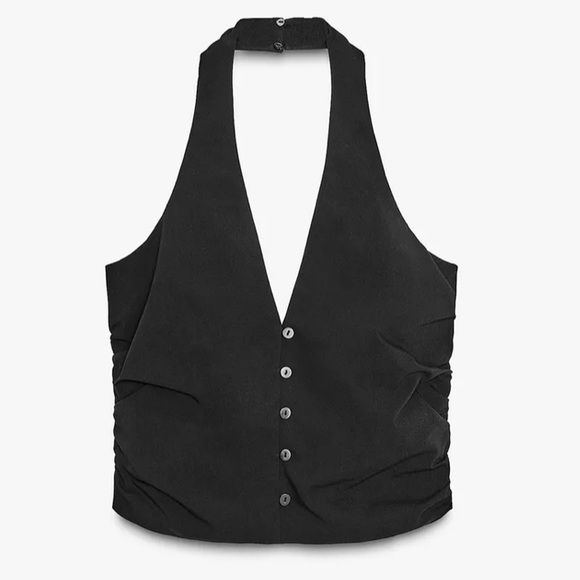 Zara Tops - NWT Zara Black Deep V Halter Button Crop Top